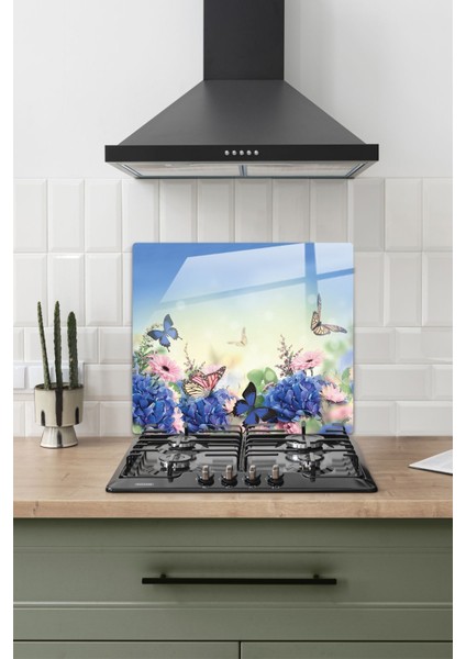 Renkli kelebek desenli cam ocak arkası koruyucu 52x60 cm, parlak ve şık tasarım