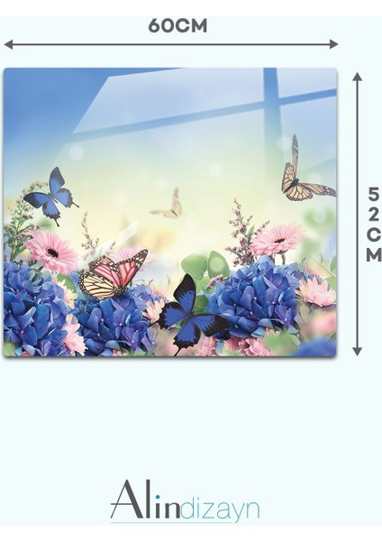 Renkli kelebek desenli cam ocak arkası koruyucu 52x60 cm, parlak ve şık tasarım fiyatları