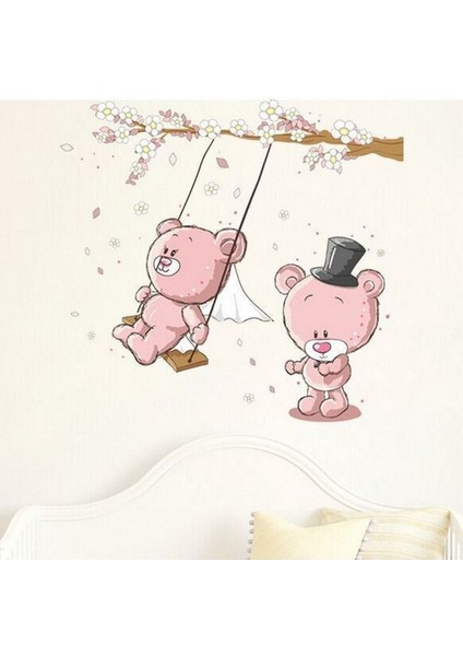 Salıncakta Sallanan Sevimli Ayıcıklar Çocuk ve Bebek Odası Dekoru Pvc Duvar Çıkartma Sticker