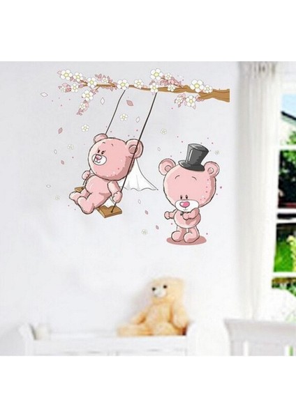 Salıncakta Sallanan Sevimli Ayıcıklar Çocuk ve Bebek Odası Dekoru Pvc Duvar Çıkartma Sticker