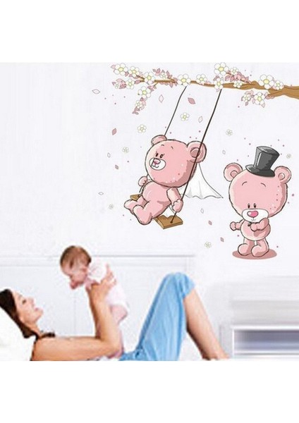 Salıncakta Sallanan Sevimli Ayıcıklar Çocuk ve Bebek Odası Dekoru Pvc Duvar Çıkartma Sticker