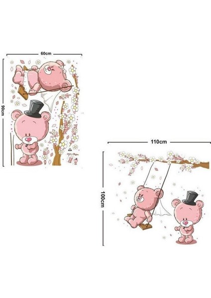Salıncakta Sallanan Sevimli Ayıcıklar Çocuk ve Bebek Odası Dekoru Pvc Duvar Çıkartma Sticker