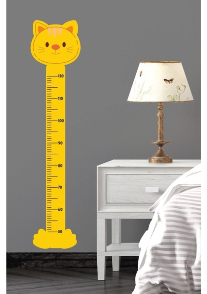 Sevimli kedi temalı çocuk odası boy ölçer duvar stickeri, sarı renk