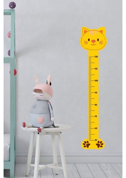Sevimli kedi temalı çocuk odası boy ölçer duvar stickeri, sarı renk fiyatları