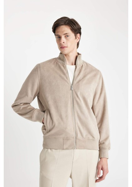 Slim Fit Süet Bomber Mont Ceket Dar Kesim Kolej Yaka Fermuarlı Cepli Astarlı D1524AX24WN fırsatları