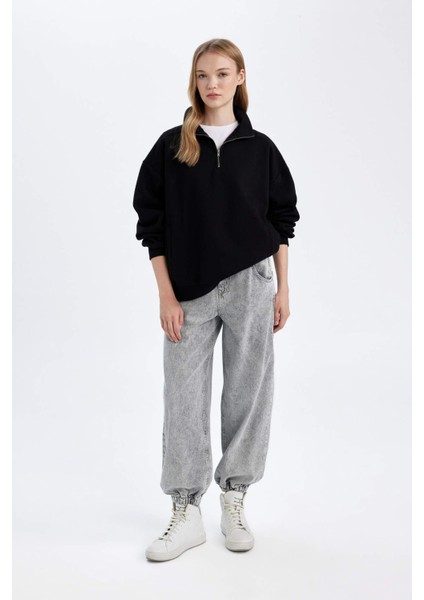 Oversize Geniş Kalıp Fermuarlı Dik Yaka Cepli Basic Düz Kalın Siyah Sweatshirt D7206AX24WN fiyatları