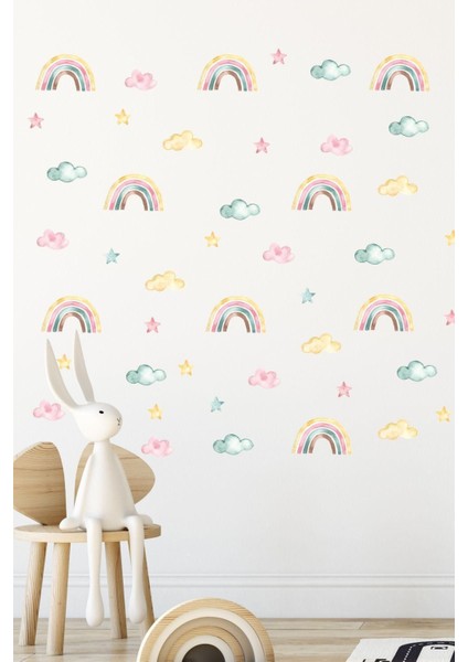 Renkli gökkuşağı, bulut ve yıldız temalı çocuk odası duvar sticker seti, 5+ parça