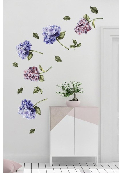 Canlı Renklerde Ortanca Çiçekler Duvar Sticker Seti, Şık ve Dekoratif, 5+ Parça, Mor