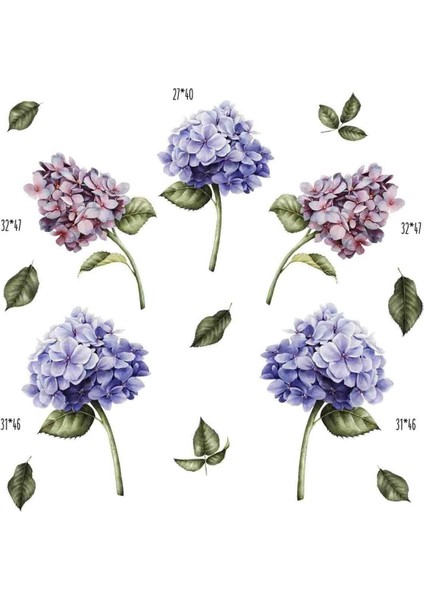 Canlı Renklerde Ortanca Çiçekler Duvar Sticker Seti, Şık ve Dekoratif, 5+ Parça, Mor modelleri