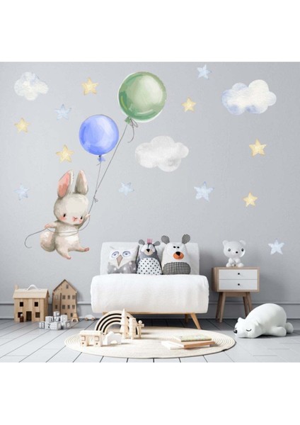Renkli Balonlu Tavşan ve Yıldızlar Duvar Sticker Seti, Çocuk Odası Dekorasyonu, 5+ Parça