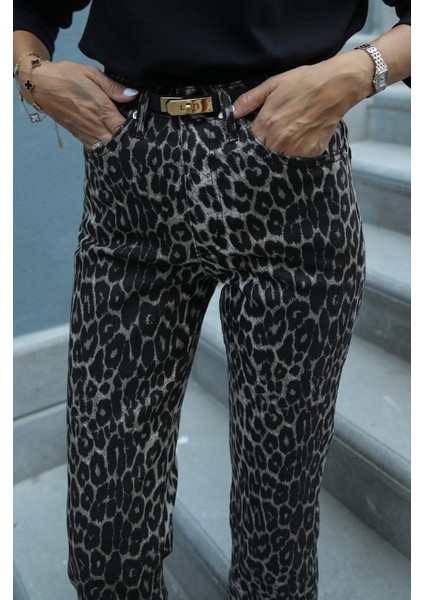 Kahve Leopar Boy Fit Jean modelleri