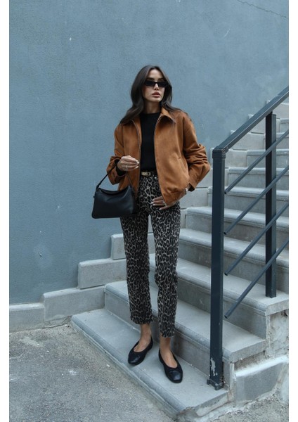 Kahve Leopar Boy Fit Jean fırsatları