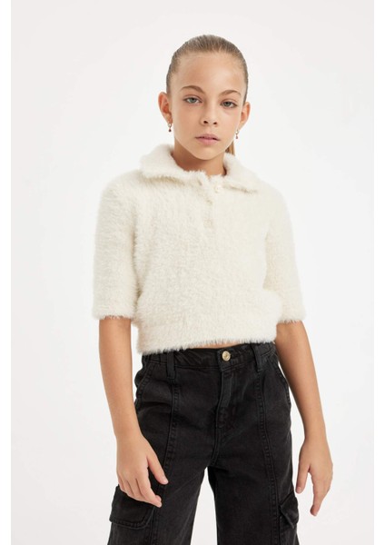 Kız Çocuk Polo Yaka Yumuşak Dokulu Kısa Kollu Triko Kazak D1358A824WN