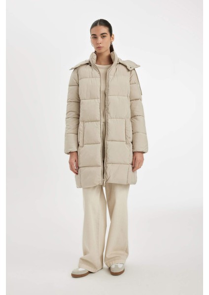 Puffer Şişme Uzun Mont Parka Su İtici Regular Kalıp Çıkarılabilir Kapüşonlu A1315AX24WN