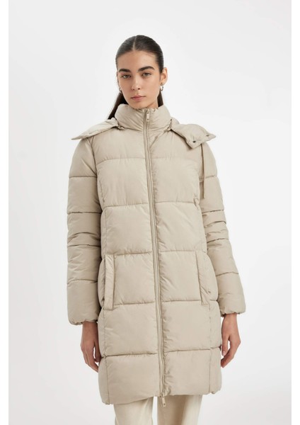 Puffer Şişme Uzun Mont Parka Su İtici Regular Kalıp Çıkarılabilir Kapüşonlu A1315AX24WN