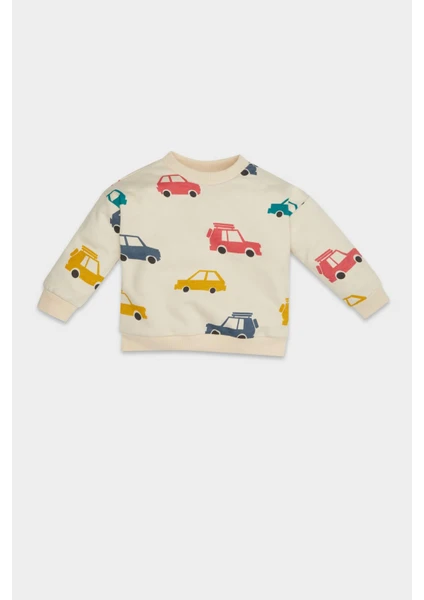 Erkek Bebek Bisiklet Yaka Araç Baskılı İçi Yumuşak Tüylü Sweatshirt D5783A524WN