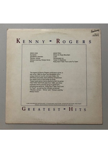 Kenny Rogers Greatest Hits Lp Plak (Orjnal 1984 Ingiltere Dönem Baskı Plak) fiyatları