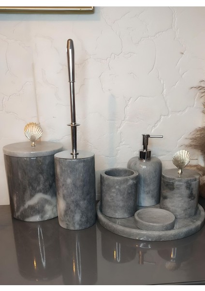 Tekno Trust Pirinç Gümüş Deniz Kabuk Detaylı 7li Gri Mermer Banyo Seti