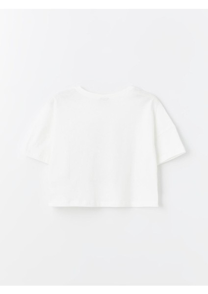 Lcw Kids Ekru Bisiklet Yaka Baskılı Kısa Kollu Kız Çocuk Crop Tişört