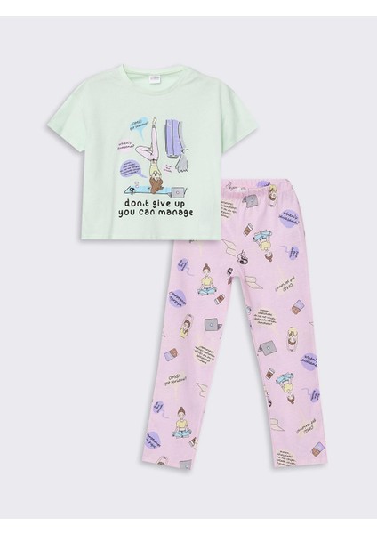 Lcw Kids Pastel Yeşil Bisiklet Yaka Baskılı Kısa Kollu Kız Çocuk Pijama Takımı