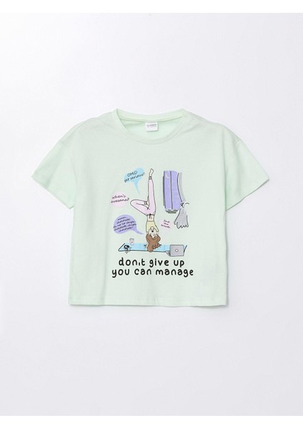 Lcw Kids Pastel Yeşil Bisiklet Yaka Baskılı Kısa Kollu Kız Çocuk Pijama Takımı