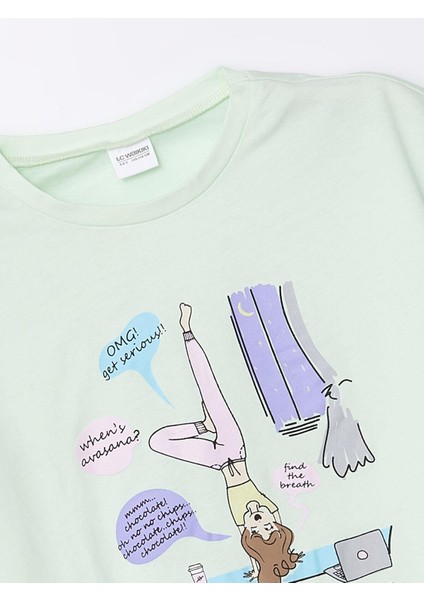 Lcw Kids Pastel Yeşil Bisiklet Yaka Baskılı Kısa Kollu Kız Çocuk Pijama Takımı