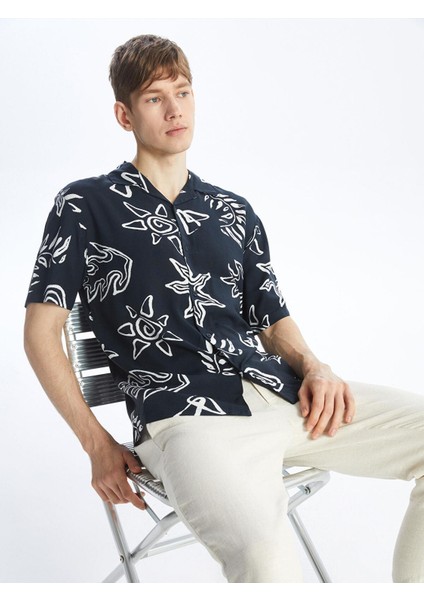 Xsıde Lacivert Baskılı Regular Fit Kısa Kollu Desenli Poplin Erkek Gömlek