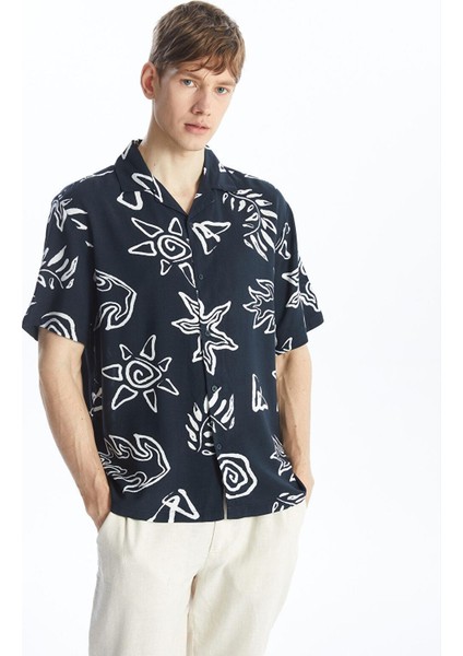 Xsıde Lacivert Baskılı Regular Fit Kısa Kollu Desenli Poplin Erkek Gömlek