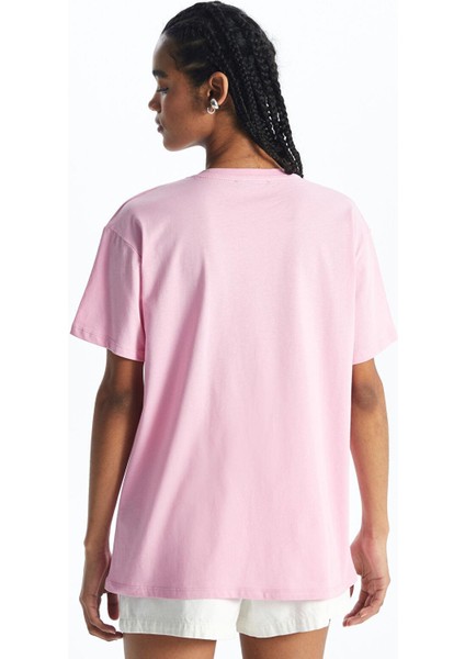 Xsıde Pembe Bisiklet Yaka Nakışlı Kısa Kollu Kadın Tişört