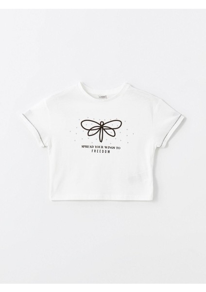 Lcw Kids Ekru Bisiklet Yaka Baskılı Kısa Kollu Kız Çocuk Crop Tişört