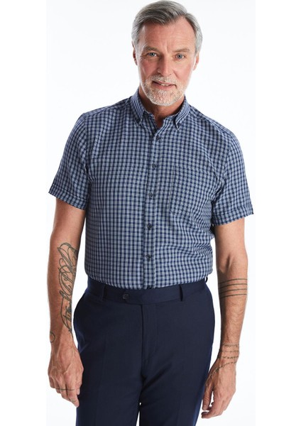 Lcwaıkıkı Formal Lacivert Ekoseli Regular Fit Kısa Kollu Ekose Gabardin Erkek Gömlek