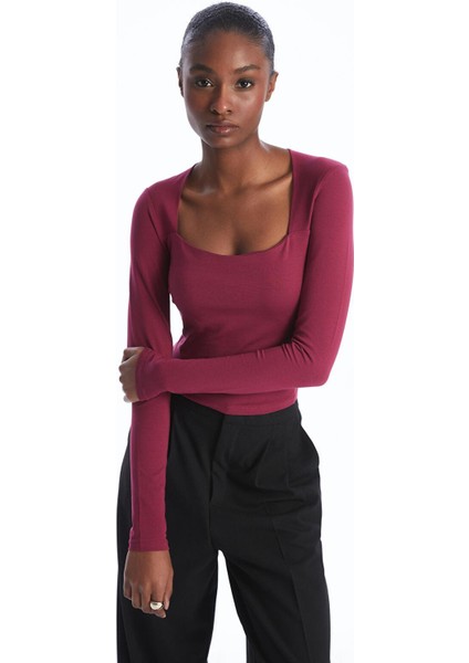 Lcw Vision Açık Bordo Kare Yaka Düz Uzun Kollu Kadın Bluz