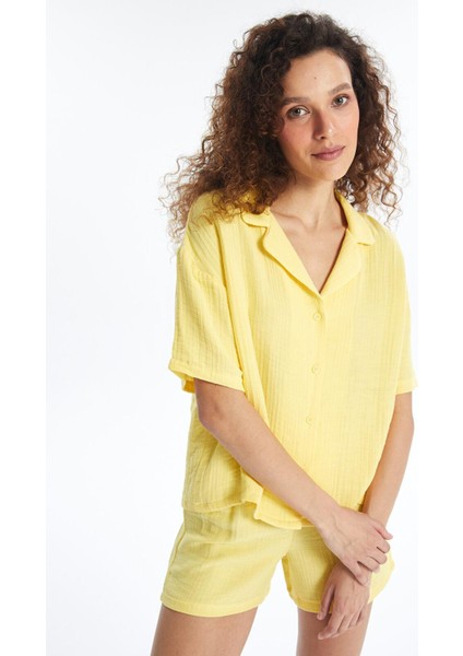 Lcw Dream Sarı Gömlek Yaka Düz Kısa Kollu Kadın Şortlu Pijama Takımı