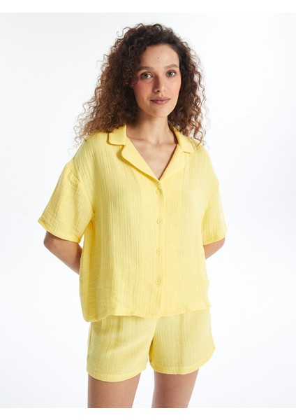 Lcw Dream Sarı Gömlek Yaka Düz Kısa Kollu Kadın Şortlu Pijama Takımı