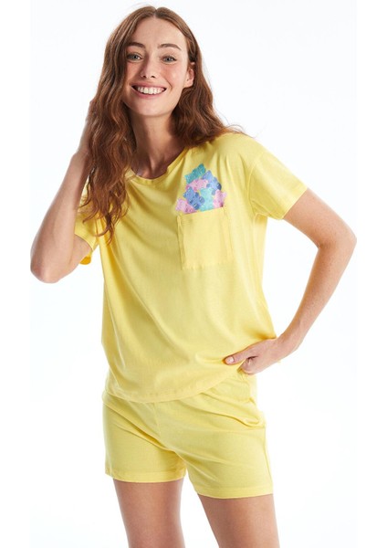 Lcw Young Sarı Bisiklet Yaka Baskılı Kısa Kollu Kadın Şortlu Pijama Takımı