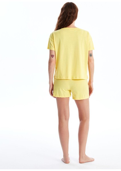Lcw Young Sarı Bisiklet Yaka Baskılı Kısa Kollu Kadın Şortlu Pijama Takımı fırsatları