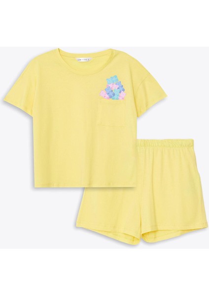 Lcw Young Sarı Bisiklet Yaka Baskılı Kısa Kollu Kadın Şortlu Pijama Takımı indirimleri