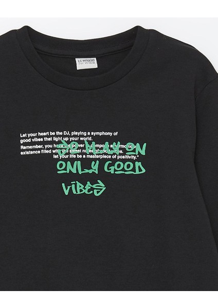 Lcw Kids Yeni Siyah Bisiklet Yaka Baskılı Uzun Kollu Erkek Çocuk Tişört
