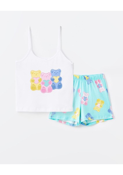 Lcw Young Açık Turkuaz Baskılı U Yaka Baskılı Askılı Kadın Şortlu Pijama Takımı indirimleri