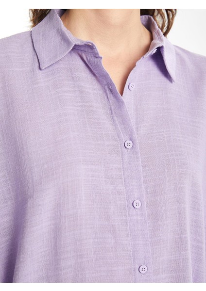 Lcwaıkıkı Classic Lila Kendinden Desenli Kısa Kollu Oversize Kadın Gömlek