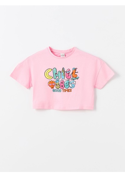 Lcw Kids Pembe Bisiklet Yaka Baskılı Kısa Kollu Kız Çocuk Crop Tişört