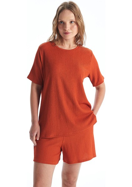 Lcwaıkıkı Basic Yanık Turuncu Bisiklet Yaka Düz Kısa Kollu Kadın Tişört