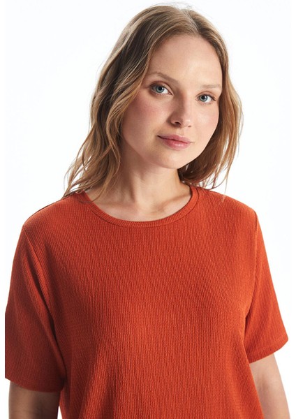 Lcwaıkıkı Basic Yanık Turuncu Bisiklet Yaka Düz Kısa Kollu Kadın Tişört fiyatları