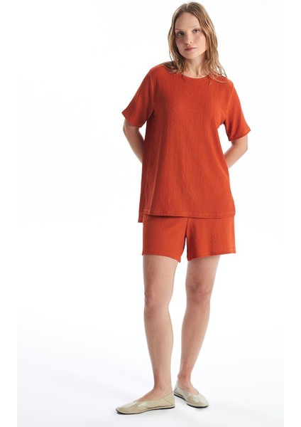 Lcwaıkıkı Basic Yanık Turuncu Bisiklet Yaka Düz Kısa Kollu Kadın Tişört modelleri