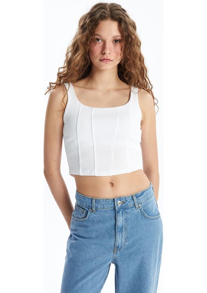 Xsıde Buxe Beyazı U Yaka Düz Askılı Kadın Crop