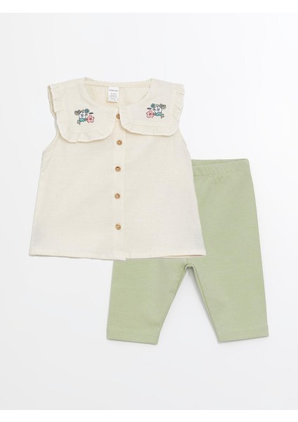 Lcw Baby Krem Rengi Bisiklet Yaka Kolsuz Kız Bebek Bluz ve Şort 2'li Takım