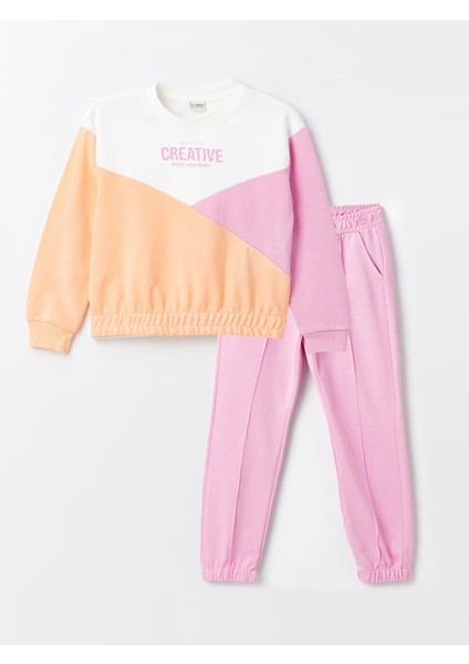 Lcw Kids Ekru Bisiklet Yaka Renk Bloklu Kız Çocuk Eşofman Takım