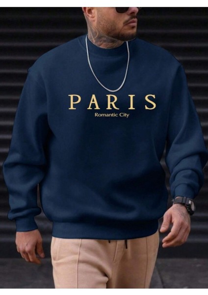 Erkek Petrol Mavi Paris Romantic City Baskılı Bisiklet Yaka Sweatshirt