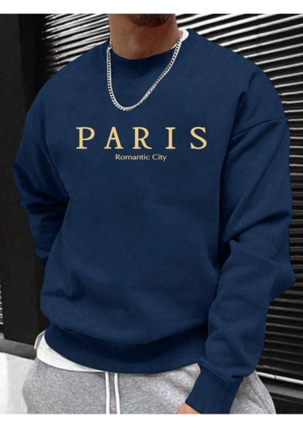 Erkek Petrol Mavi Paris Romantic City Baskılı Bisiklet Yaka Sweatshirt fiyatları