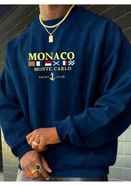 Erkek Petrol Mavi Monaco Baskılı Bisiklet Yaka Sweatshirt